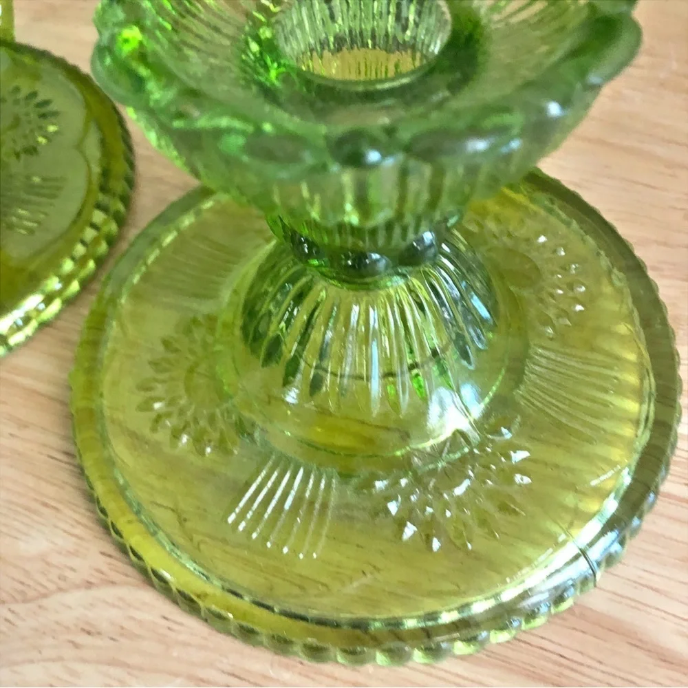 Pier 1 Imports Green Pressed Glass Chambersticks Taper Candlestick Holders Set 2